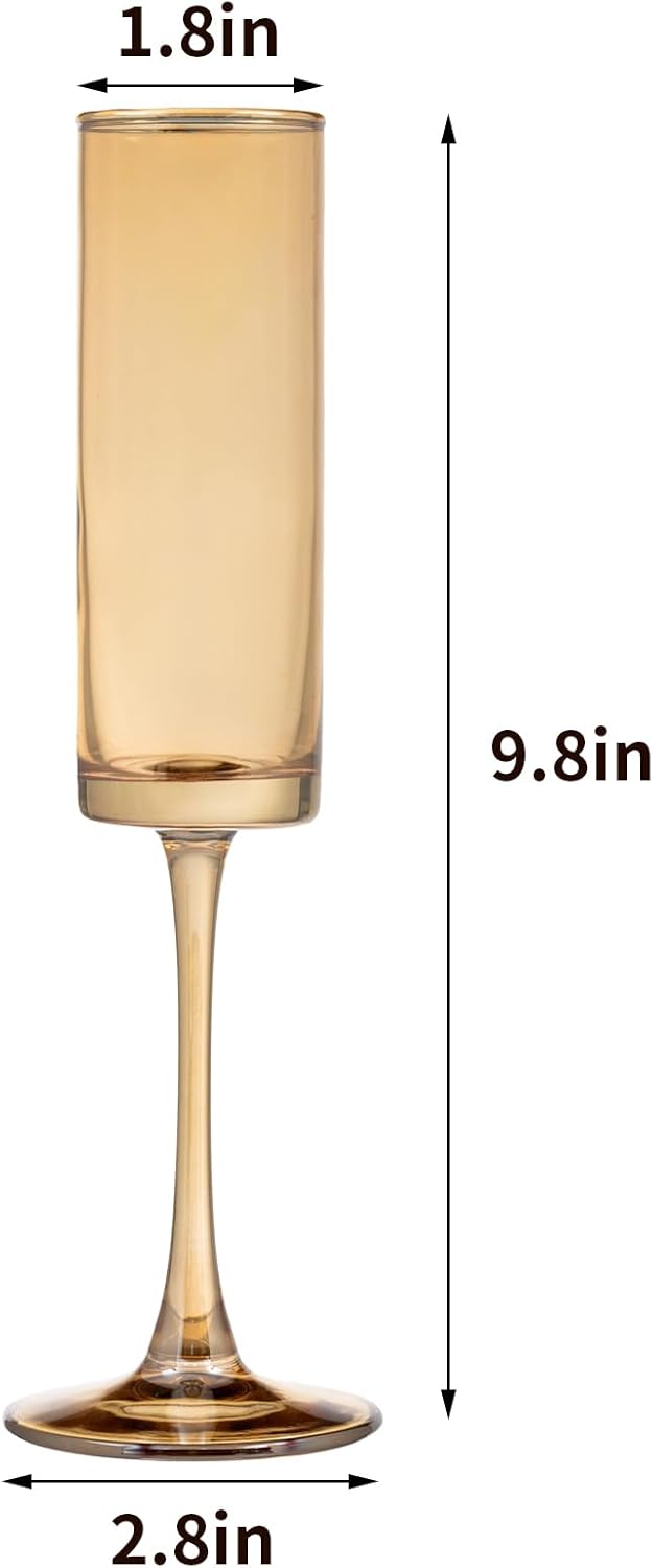 12 Pieces Amber Champagne Flutes 6 OZ Straight Sided Wine Glasses Champagne Long Stem Drinking Colored Glasses,Set of 12 Hand Blown Champagne Flutes Goblets for Wedding Cocktail Cups,Cava, Prosecco