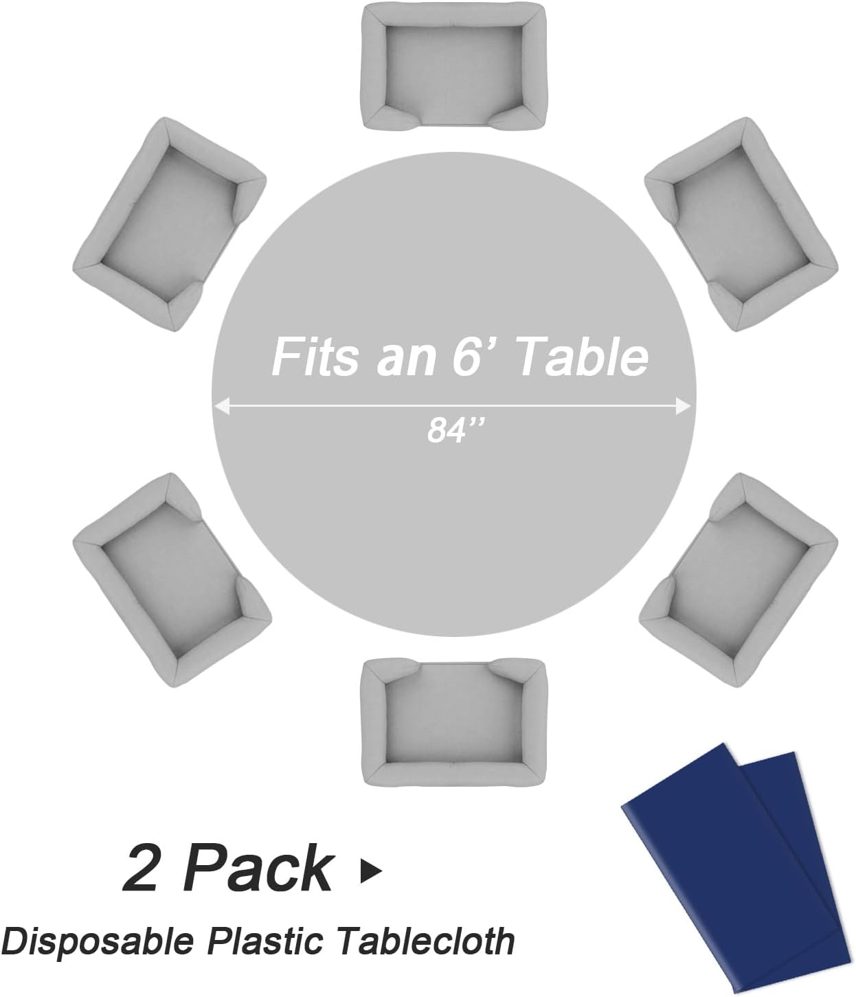 QIKSION Navy Blue Round Tablecloth 2 Pack, 84 Inch Plastic Table Cover Disposable for Parties