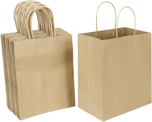 Oikss 50 Pack 8x4.75x10 Inch Medium Brown Kraft Paper Bags with Handles Bulk for Birthday Wedding Party Favors Grocery Retail Shopping Business Goody Craft Gift Bags Sacks (Plain Natural 50 Count)
