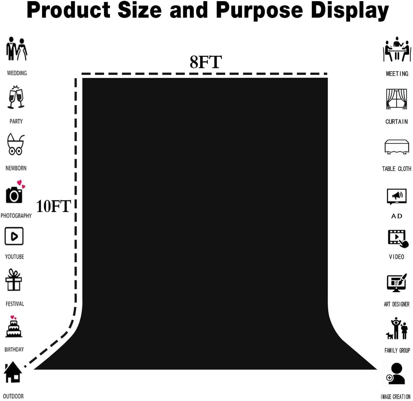 8x10FT Black Screen Backdrops Solid Photo Backdrops Photography Background for Meeting Wall, Party, Videos