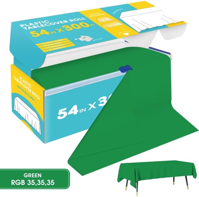 Green Plastic Table Cover Roll - 54IN x 300FT, Table Cloth for Rectangle Table with Slide Cutter, Plastic Table Cloth Disposable with Cut-to-Size Design for Weddings, Banquets, Parties