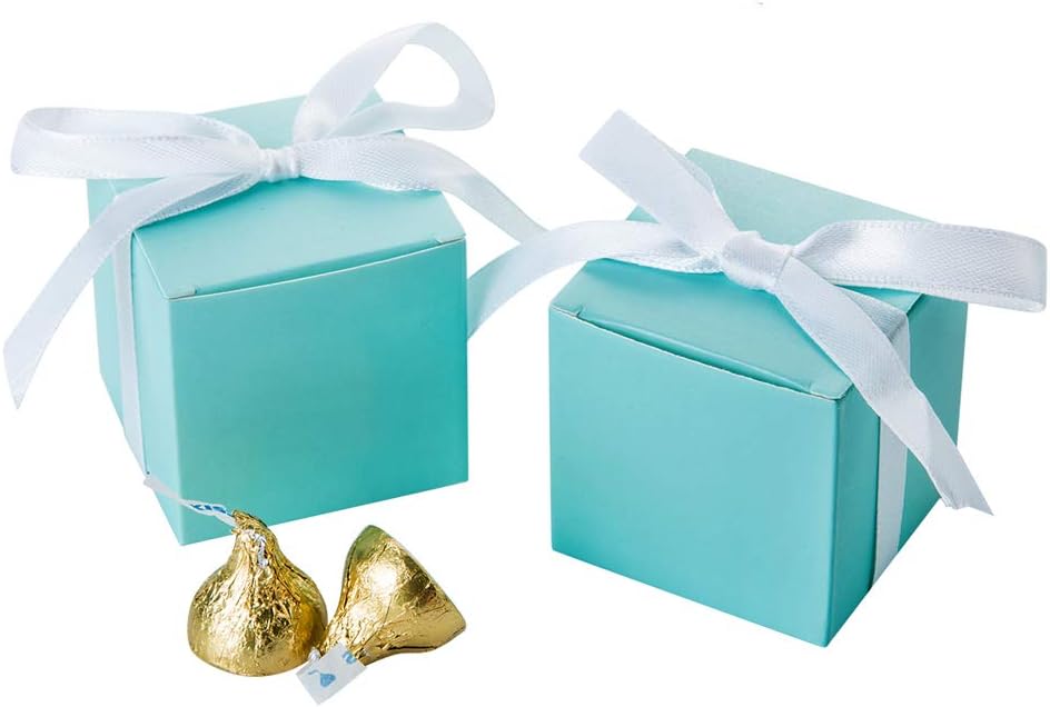 AWELL Mint Green Gift Candy Box Bulk 2x2x2 inches with White Ribbon Party Favor Box,Pack of 50