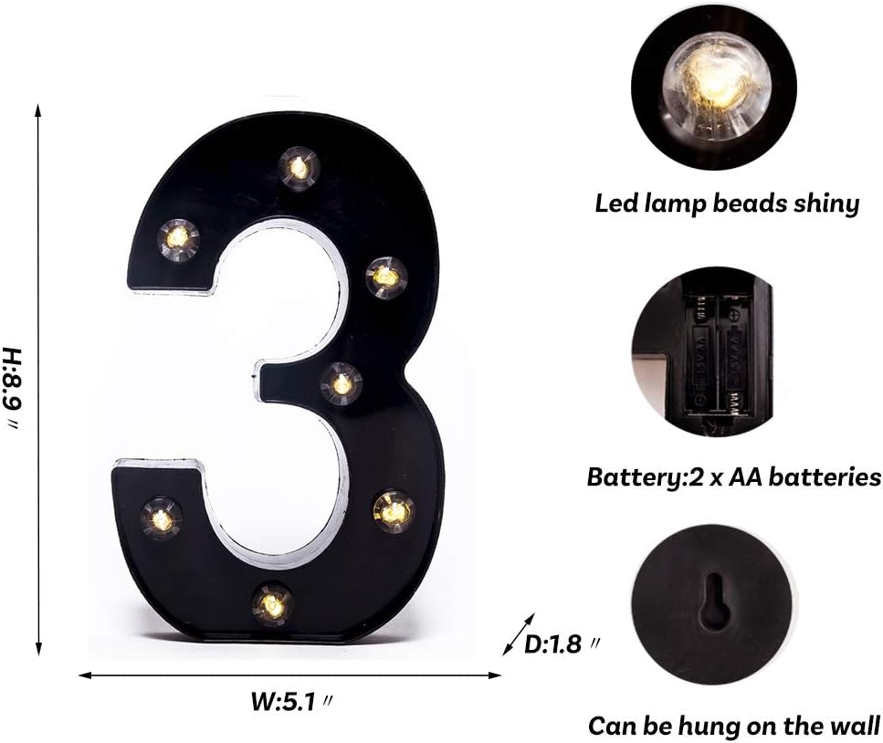 Foaky Black LED Marquee Number Lights Sign Light Up Marquee Number Lights Sign for Night Light Wedding Birthday Party Battery Powered Christmas Lamp Home Bar Decoration