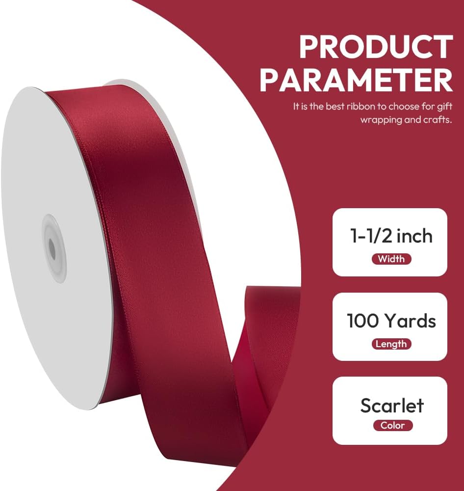 1-1/2" x 100 Yards Satin Ribbon - Wide Silk Scarlet Ribbon with Spool - Ideal for Gift Wrapping, Floral Bouquets, Crafts, Wedding Party Decorations, Christmas and Sewing Projects