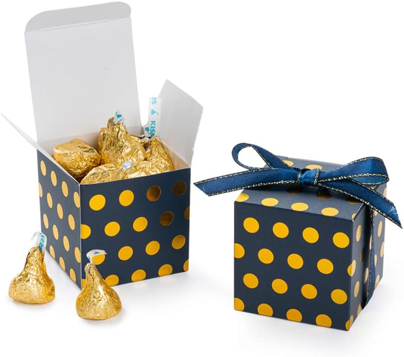 Navy Blue Gift Candy Box with Gold Dots Bulk 2x2x2 inches with Ribbon Party Favor Box for Birthday Graduation Party, Gold Dots,Pack of 50