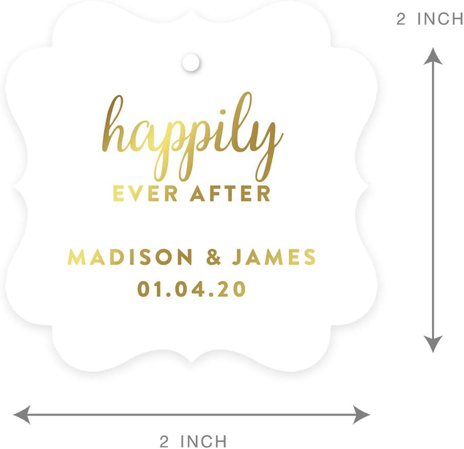Andaz Press Personalized Fancy Frame Square Wedding Gift Tags, Metallic Gold Ink, Happily Ever After, 24-Pack, Custom Made Any Name