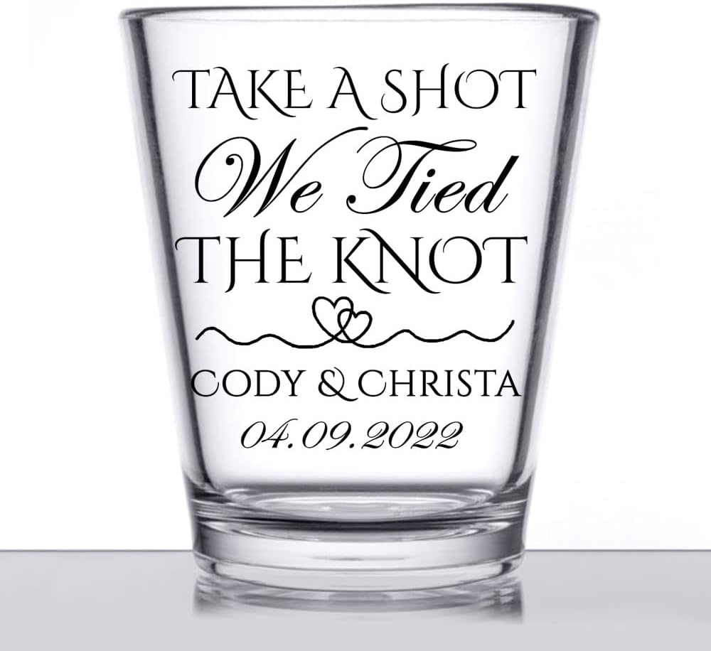 Personalized wedding shot glasses, take a shot we tied the knot, cute customizable wedding favors for guests, custom shot glasses, personalized wedding favors, wedding glasses