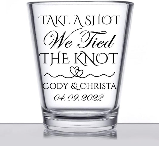 Personalized wedding shot glasses, take a shot we tied the knot, cute customizable wedding favors for guests, custom shot glasses, personalized wedding favors, wedding glasses