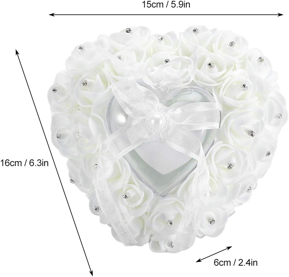 Hilitand Wedding Ring Cushion Pillow Romantic Heart Shaped Wedding Ring Box Rose Rhinestone Decorative Jewellery Boxes(White)