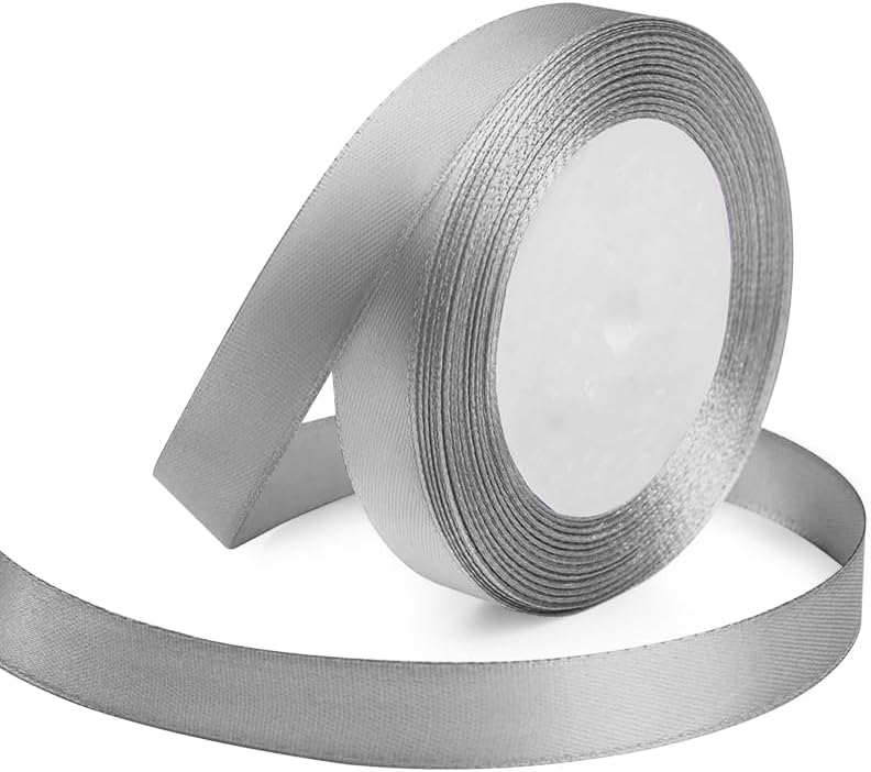 KMER LIFE 5/8 Inches x 25 Yards Silvery Satin Ribbon Solid Fabric Ribbons for Crafts, Wedding Decor, DIY Hair Accessories, Sewing, Gift Package Wrapping, Valentine's Day Bouquet and More