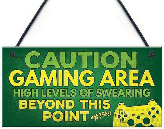 Rustic Wooden Signs Caution Gaming Area Novelty Gamer Wood Signs Gift for Son Brother Dad Man Cave Boys Room Bedroom Door Sign Wall Art Decor Kitchen Cafe Pub Decor Gift 6x12 INCH
