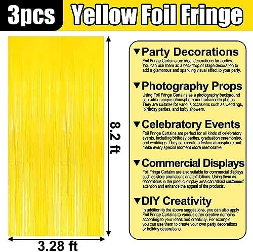 3 Pack Macaron Yellow Foil Fringe Curtain Backdrop, 3.28Ft x 8.2Ft Metallic Tinsel Foil Fringe Streamer Curtains for Photo Booth, Christmas Day, Thanksgiving, Wedding, New Year Party Decorations