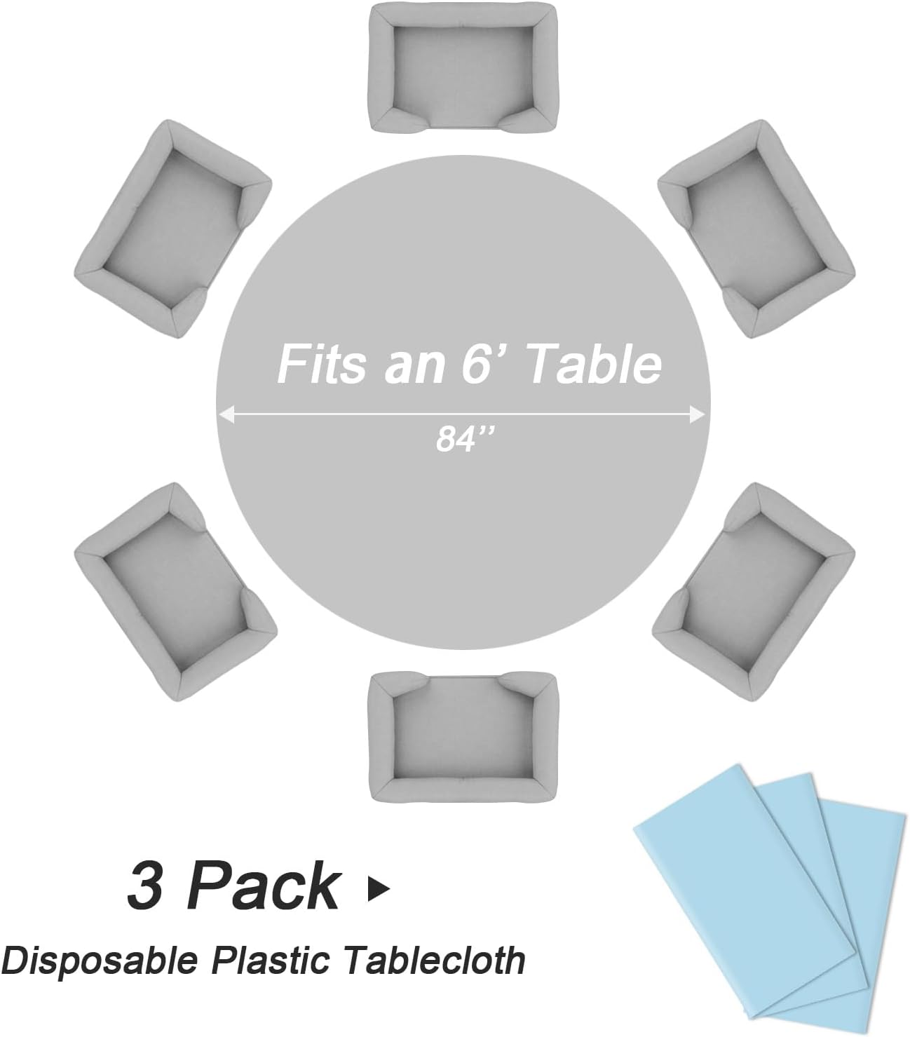 QIKSION Light Blue Round Tablecloth 3 Pack, 84 Inch Plastic Table Cover Disposable for Parties