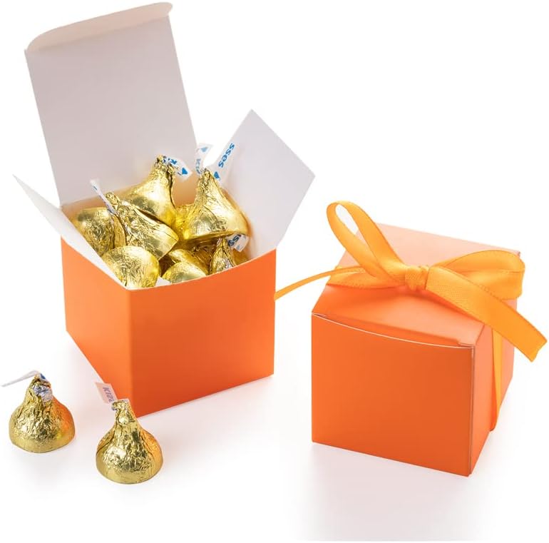 AWELL Orange Gift Candy Box Bulk 2x2x2 inches with Orange Ribbon Party Favor Box for Graduation Halloween Party,Pack of 50