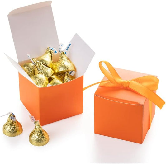 AWELL Orange Gift Candy Box Bulk 2x2x2 inches with Orange Ribbon Party Favor Box for Graduation Halloween Party,Pack of 50