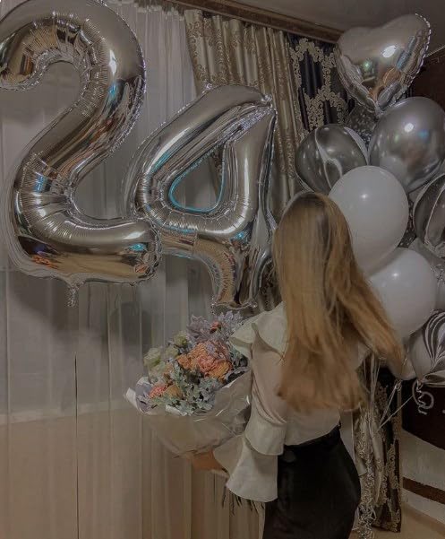 40 Inch Silver Large Number 24 Birthday Balloon, Giant Number 24 Balloons, Foil Mylar Big Balloons for Anniversary Graduation Supplies Decorations