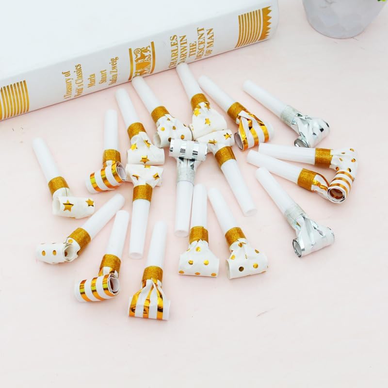 25pcs Party Blowers,Gilding Noisemakers Party Blowouts Squawkers Fringed Noise Maker,Birthday Noisemakers Birthday Blow Horns Party Whistles (25PCS Gold)