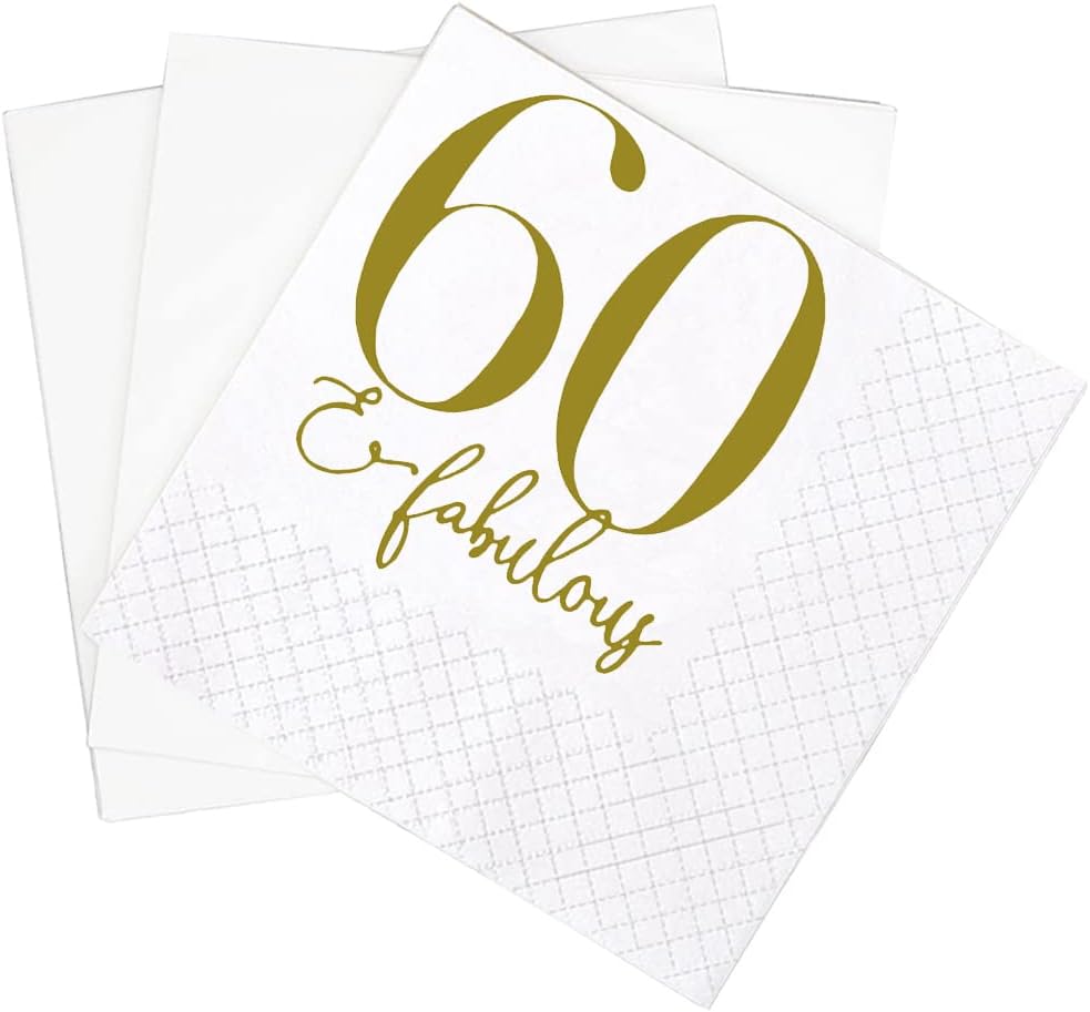SharkBliss 60 and Fabulous Birthday Cocktail Napkins, 100 Pack Gold 60 and Fabulous Happy Birthday Cocktail Beverage Napkins for His Her Sixty 60th Birthday | 2-Ply, 5x5" (60 and Fabulous Napkins)