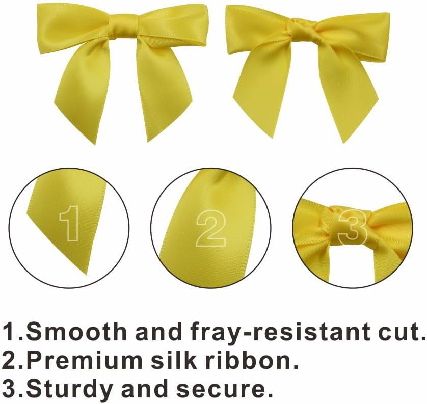 2.5" Hgzgch Yellow Satin Ribbon Bow for Gift Wrapping, Premade Bows for Crafts, Cake, Party Favors, Handmade Bows with Double-Sided Tape, Self Adhesive Gift Bows for Presents, Treats - 50pcs