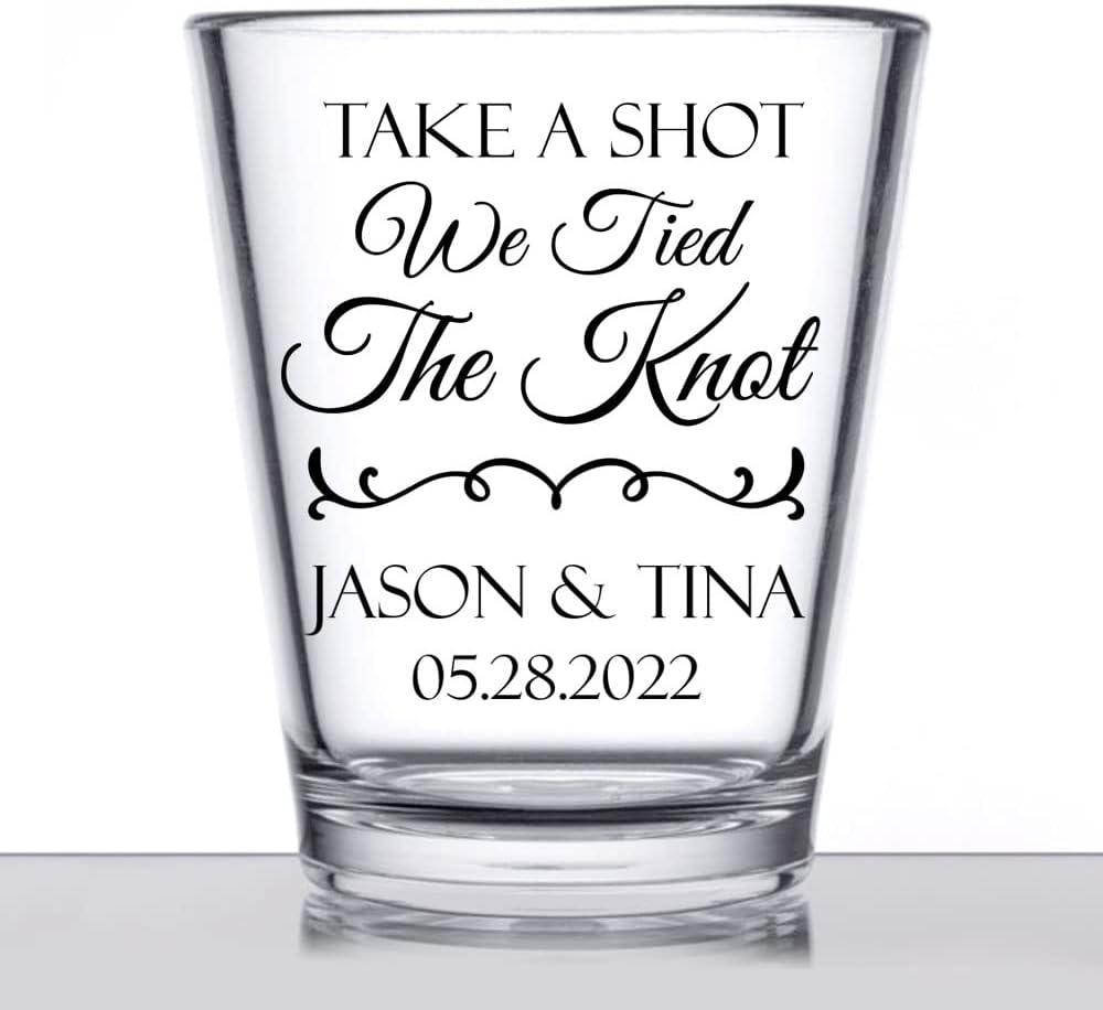 Personalized wedding shot glasses, take a shot we tied the knot, cute customizable wedding favors for guests, custom shot glasses, personalized wedding favors, wedding glasses