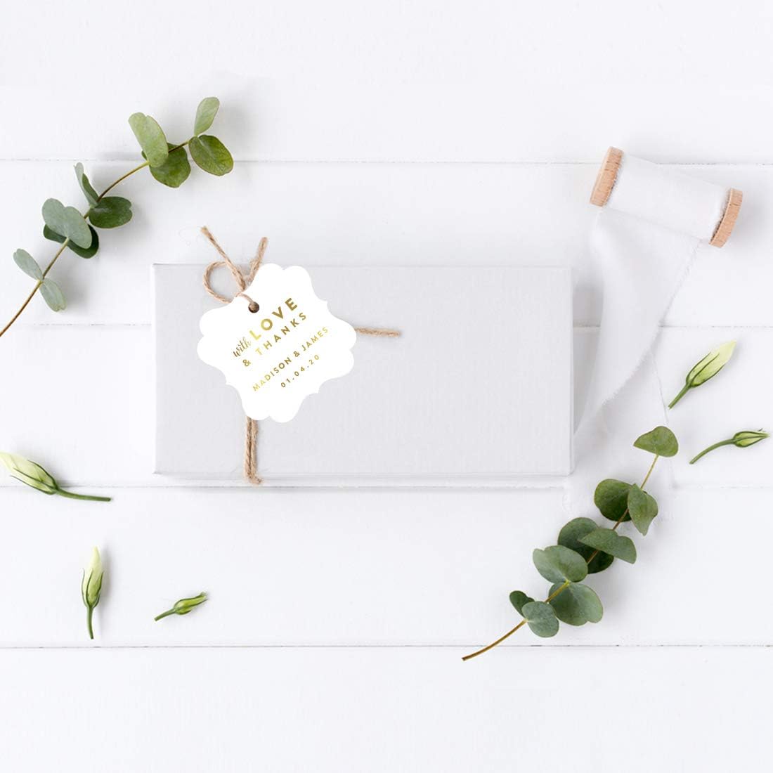 Andaz Press Personalized Fancy Frame Square Wedding Gift Tags, Metallic Gold Ink, with Love and Thanks, 24-Pack, Custom Made Any Name