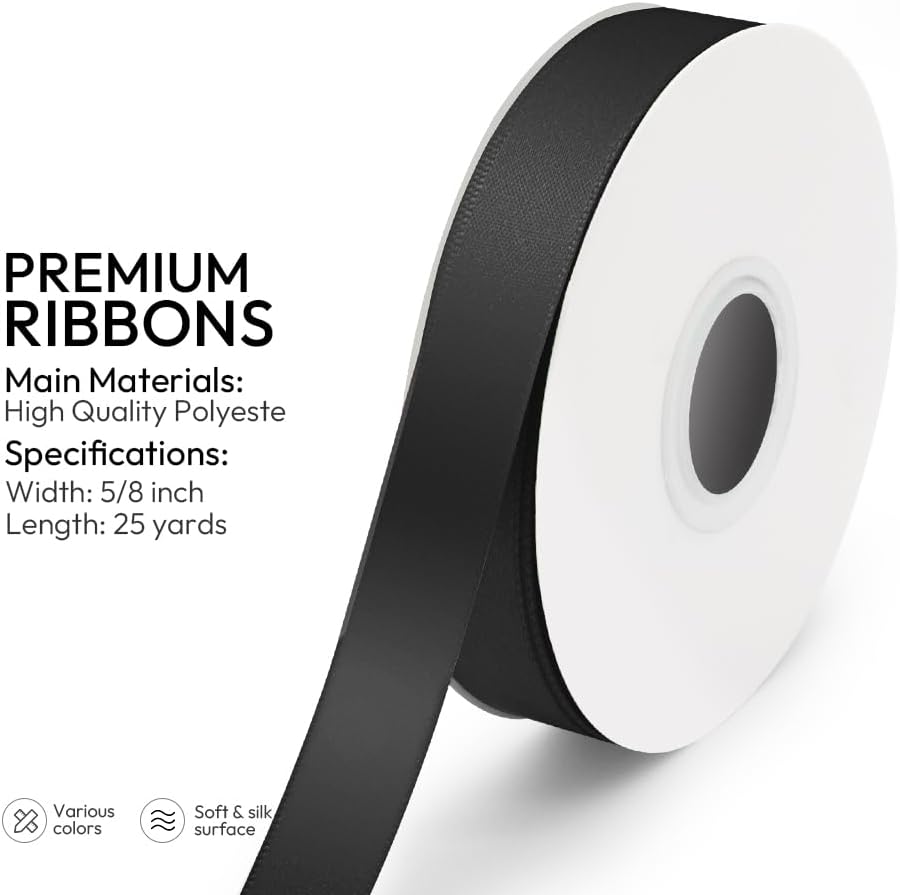 KMER LIFE 5/8 inch x 25 Yards Double Faced Polyester Black Satin Ribbon, Perfect for Gift Wrapping Very Suitable for Weddings Party Hair Bow Invitation Decorations and More