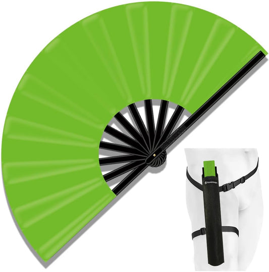 13" Large Folding Rave Fan with Holster, Clack Hand Fans Foldable for Line Dancing, Boots On The Ground Fan for Women Men Festival EDM Party Decoration, Green