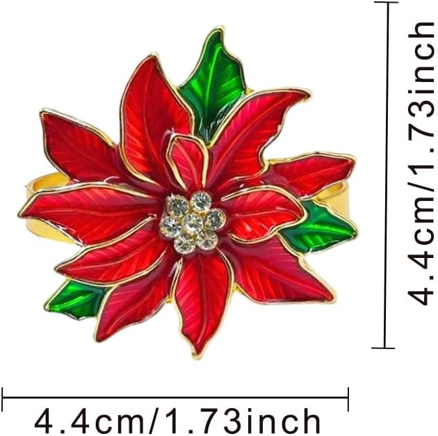 Poinsettia Napkin Rings Set of 6, Xmas Party Red Flower Napkin Holder Buckles, Thanksgiving Christmas Napkin Rings (Dark Red, One Size)
