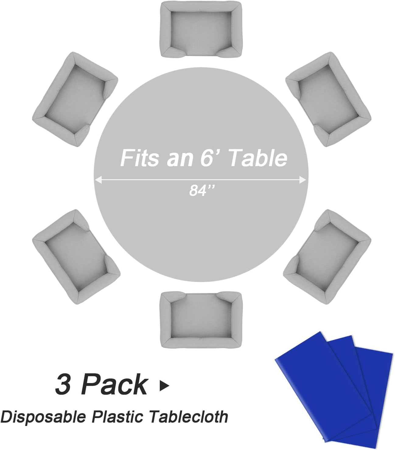 QIKSION Dark Blue Round Tablecloth 3 Pack, 84 Inch Plastic Table Cover Disposable for Parties