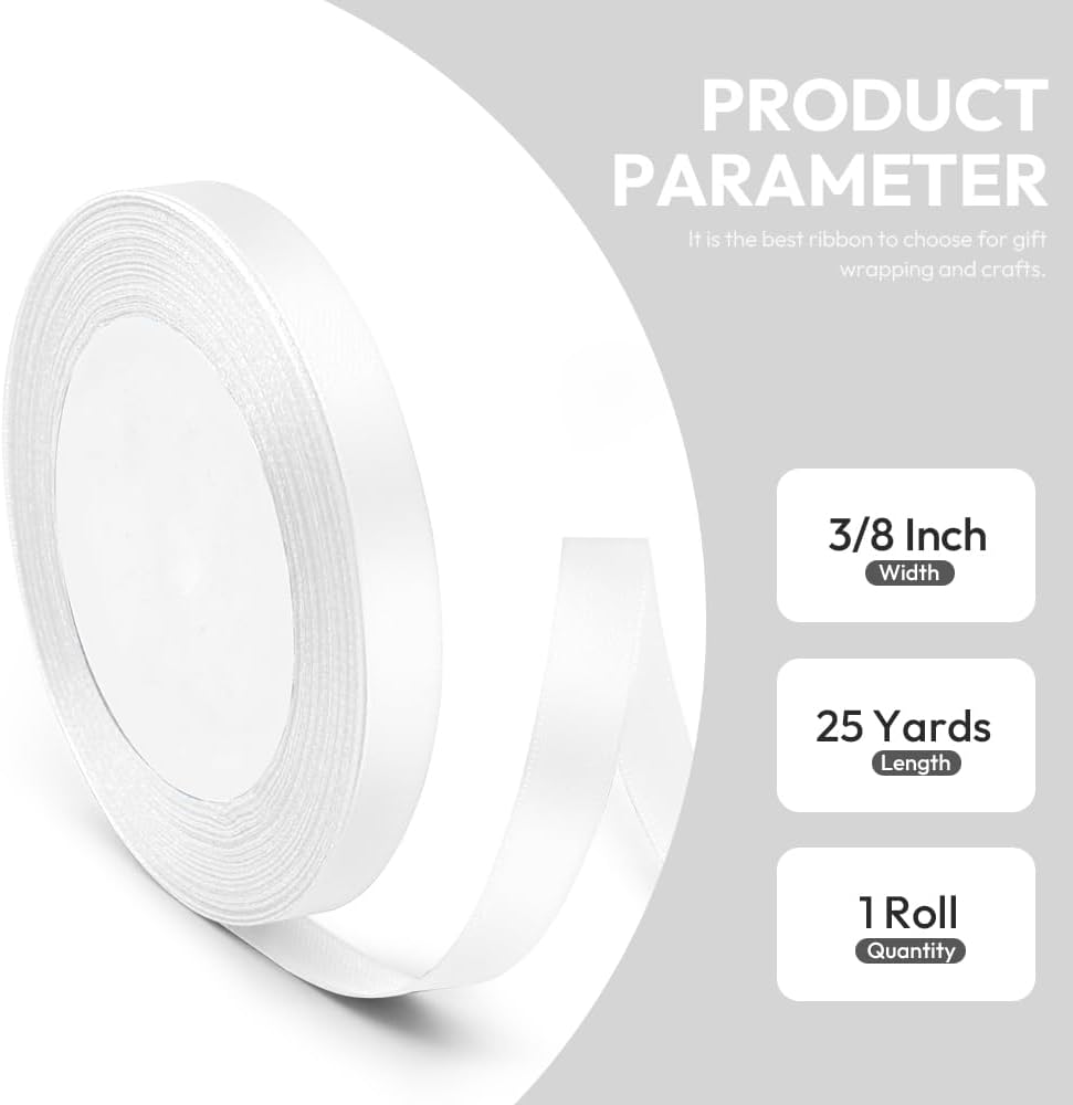 3/8" x 25 Yards Satin Ribbon, White Silk Ribbon Ideal for Gift Wrapping, Floral Bouquets, Crafts, Wedding Party Decorations, Christmas and Sewing Projects