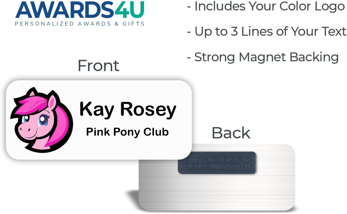 Custom Name Tag with Logo - Personalized Name Badge with Magnet Backing - Choose Your Size and Color (White Metal 3"x1.25" - Logo on Left)