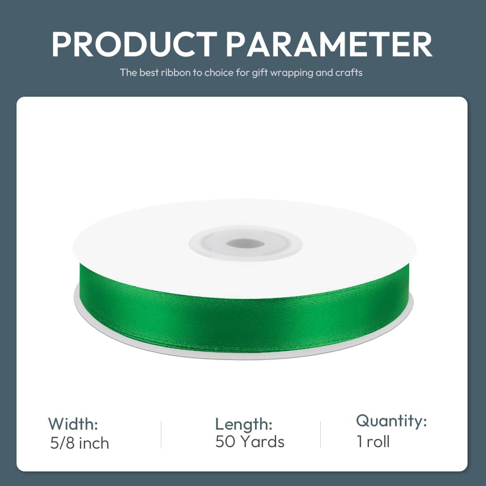 KMER LIFE 5/8" Wide x 50 Yards Green Polyester Satin Ribbon - Perfect for Wedding Decor, Wreaths, Crafts, Gift Wrapping & More