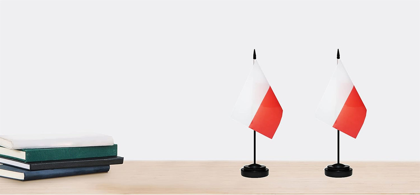 Poland Poles Deluxe Desk Flag Set Small Mini Miniature Poland Poles Table Desktop Flags With Solid Pole, Black Base and Spear Top (2 Pack)