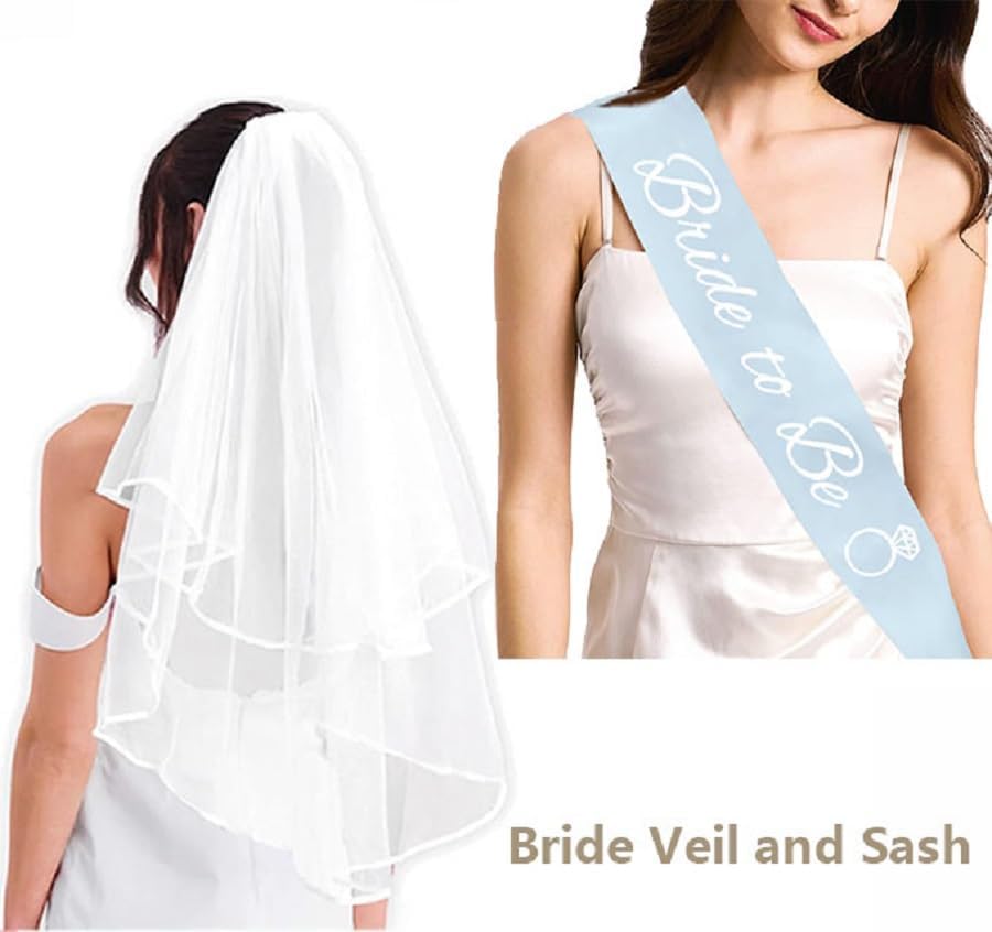 4PCS Bachelorette Blue Sash and Veil for Bride Party, Bride To Be Accessories for Bridal Shower Engagement Wedding
