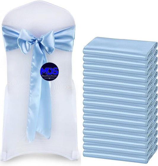 MDS Pack of 150 PCS Satin Chair Sashes Charmeuse Sateen Dining Chair Bows Ribbon Ties Back Sash for Wedding Party Birthday Home Hotel Restaurant Banquet Decoration (7 x 108 Inch, Baby Blue)
