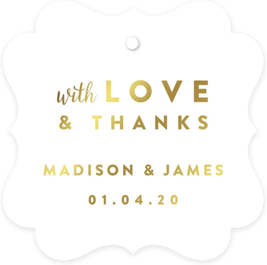 Andaz Press Personalized Fancy Frame Square Wedding Gift Tags, Metallic Gold Ink, with Love and Thanks, 24-Pack, Custom Made Any Name