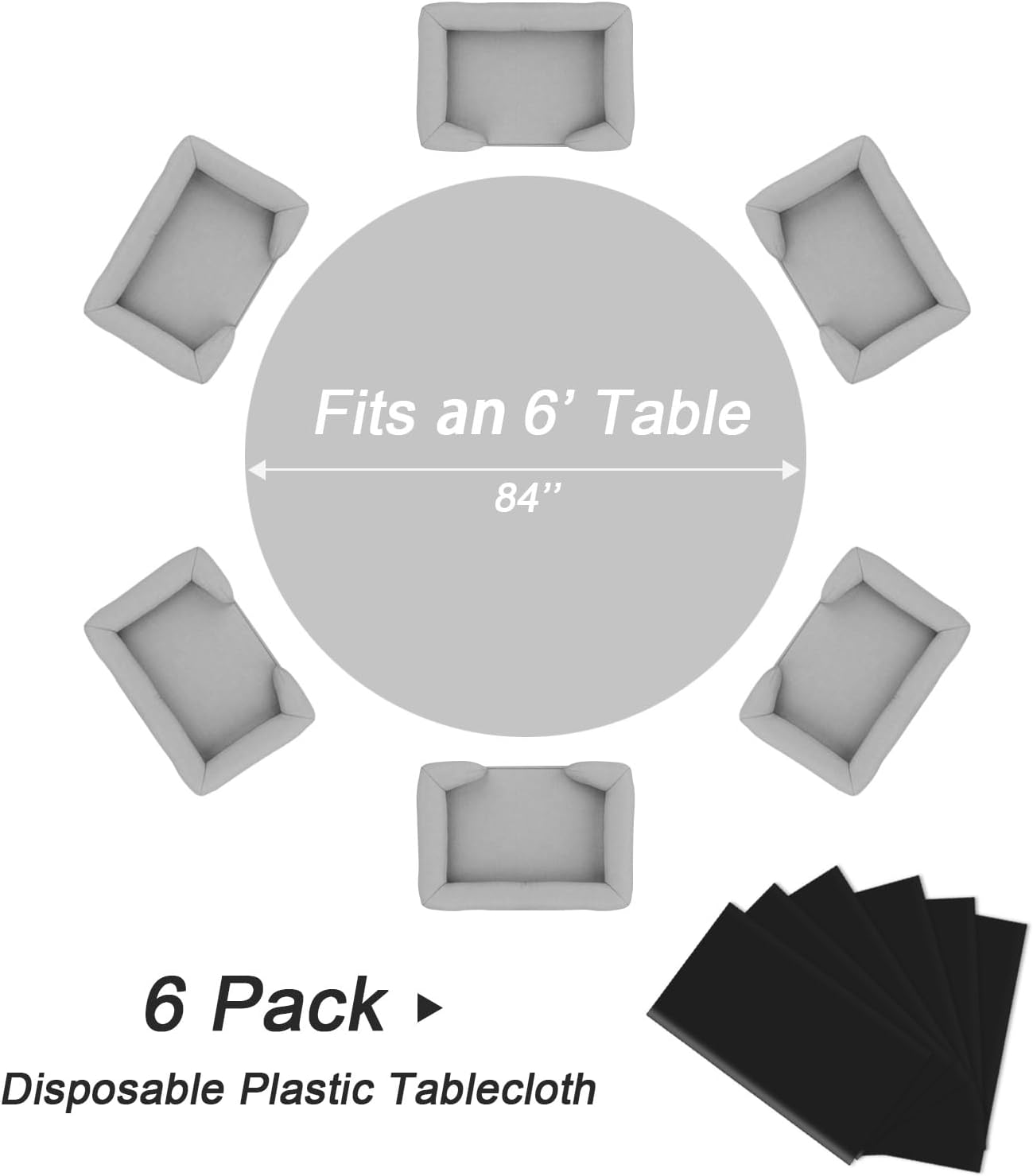 QIKSION Black Round Tablecloth 6 Pack, 84 Inch Plastic Table Cover Disposable for Parties