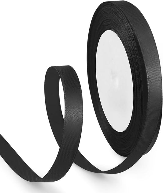 3/8 Inch 25 Yards Satin Ribbon Black, Solid Color Fabric Ribbon for Gift Wrapping, Wedding, Polyester Gift Ribbon for Birthday Party Decoration, Craft, Hair, Floral, Sewing