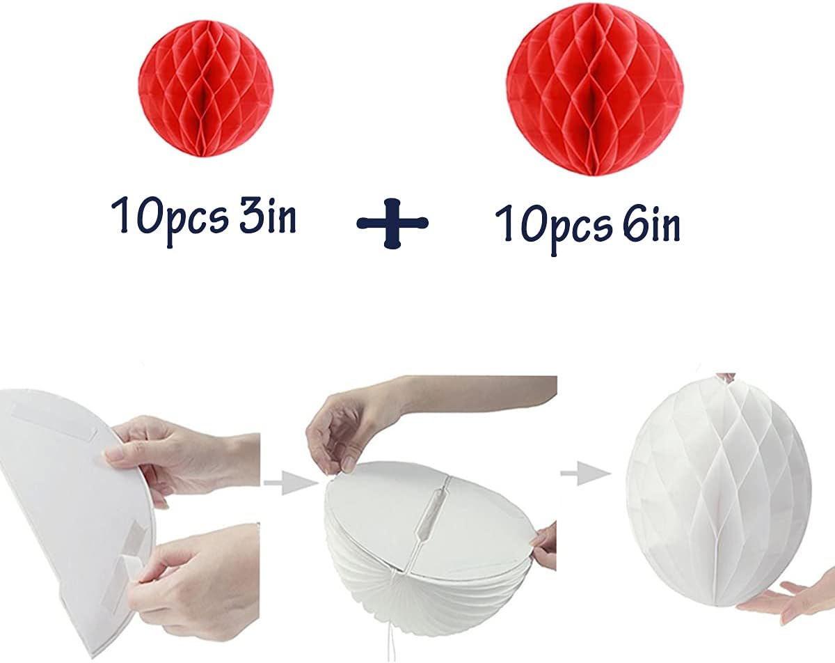 20pcs Honeycomb Flower Balls Party Honeycomb Balls Decoration Paper Flower Balls Tissue Paper Flower Ball Pom Poms Ball for Birthday Wedding Home Decor (3inch+6inch, Red)
