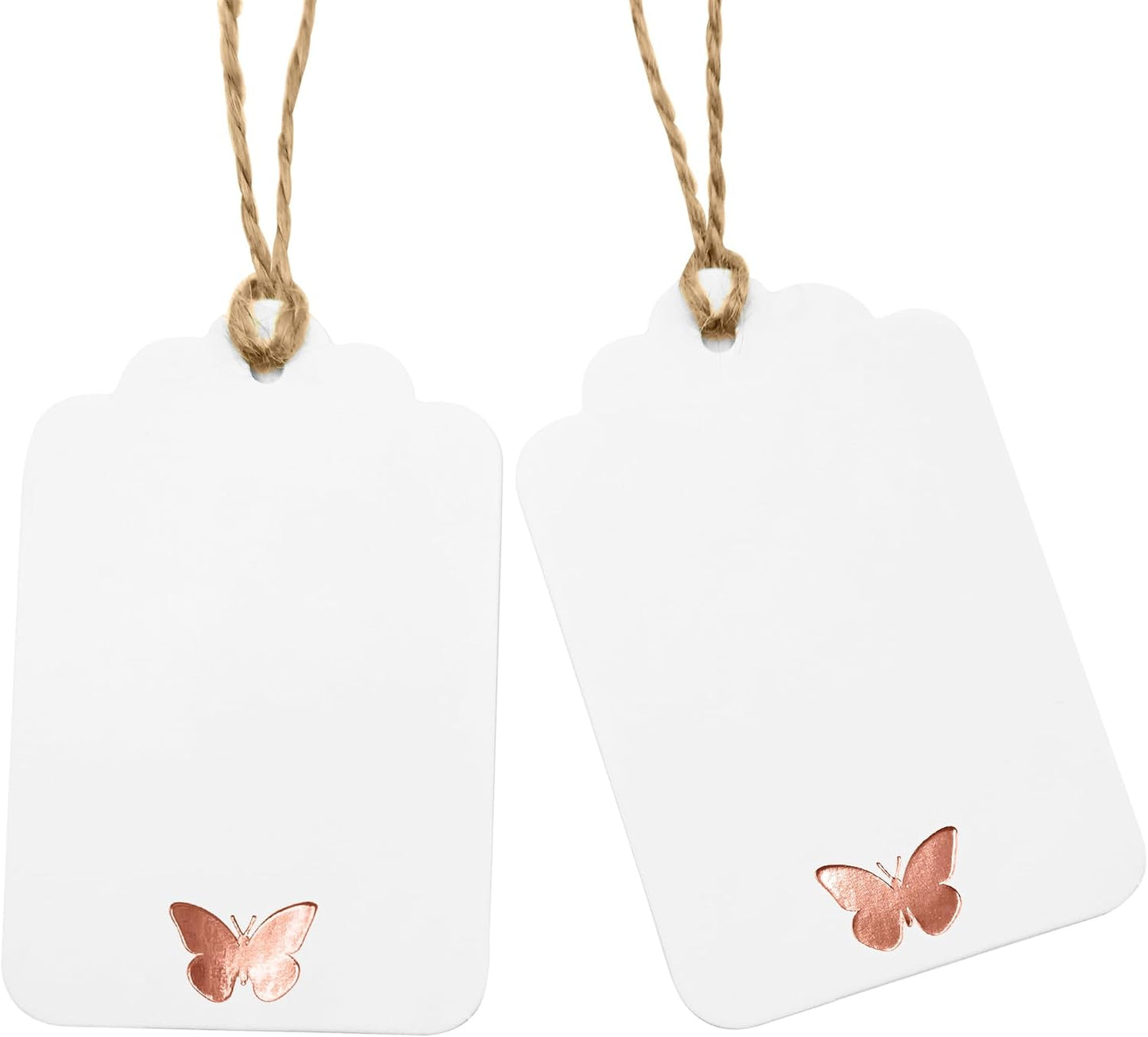100Pcs Blank Gift Tags with String, Foil Rose Gold Butterfly Large Gift Tags with 65 Ft Jute Twine Cute Tags White Paper Gift Tag for Birthday Baby Shower Wedding Spring Summer Gift Wrap Tag