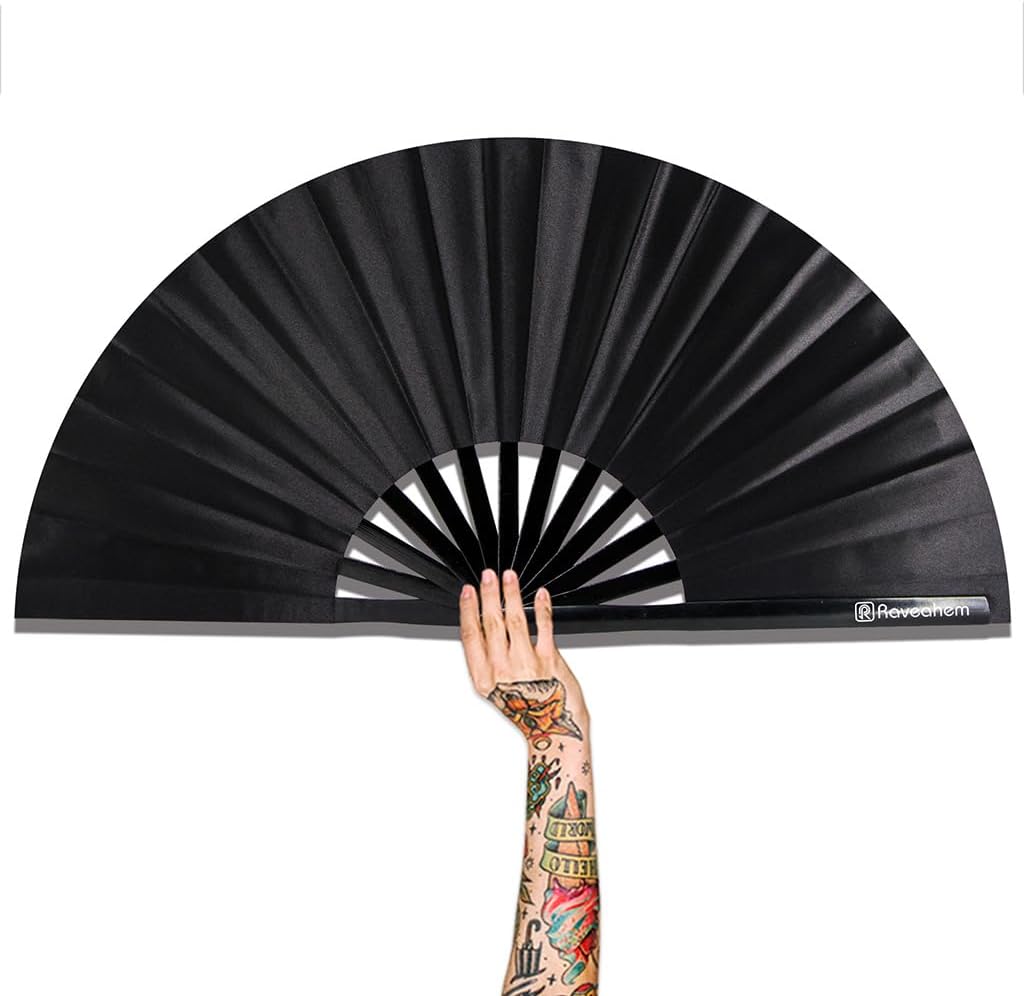 13" Large Rave Fan Bamboo, Folding Clack Hand Fans Foldable for Men Women, Boots on the Ground Poping Fan for EDM Festival Line Dance Decoration, (Black2, Large 13")