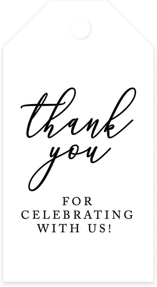 Andaz Press 100-Pack Thank You for Celebrating with Us Favor Tags Minimal Modern Cardstock Gift Tags with Bakers Twine for Wedding Baby Shower Bridal Shower Birthday Party Favors 2 x 3.75-Inches