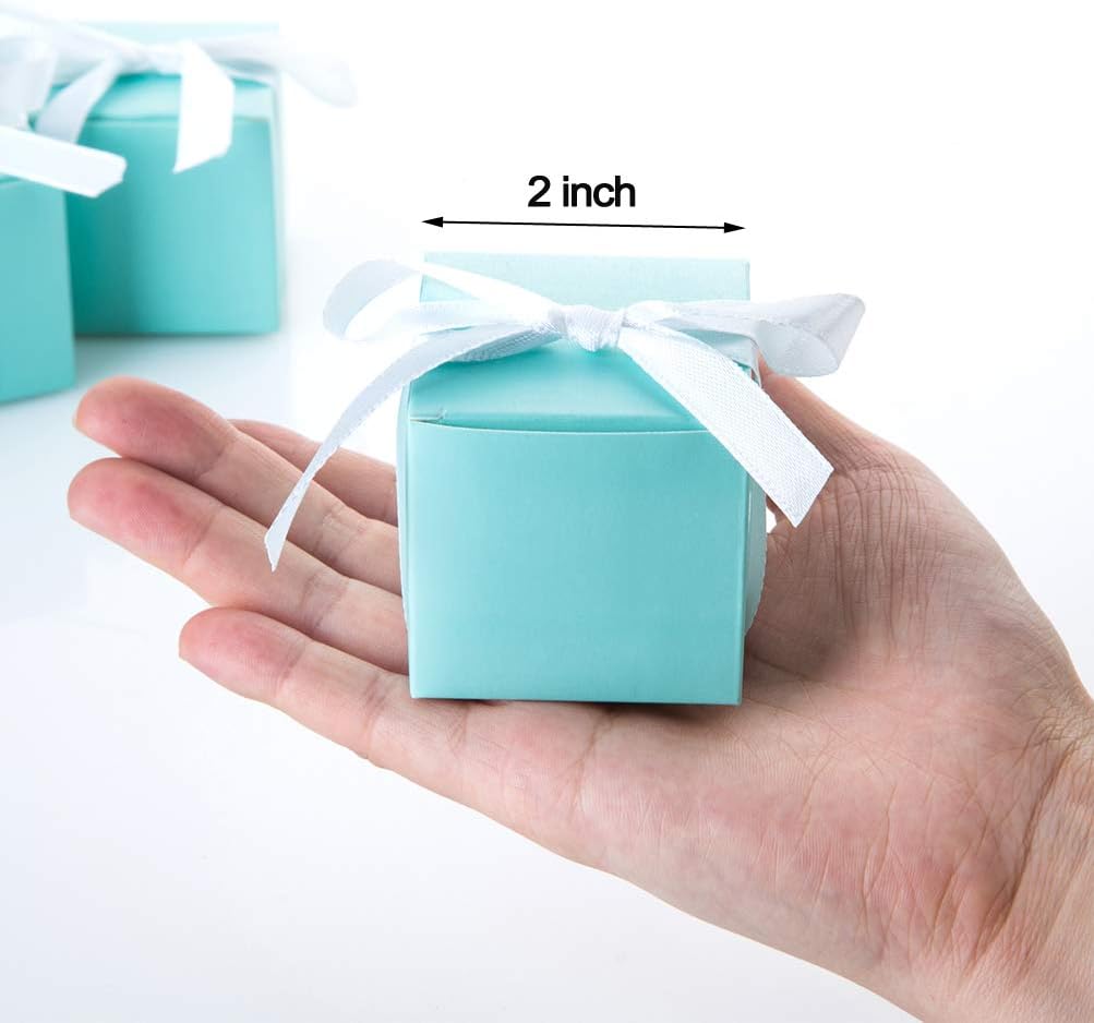 AWELL Mint Green Gift Candy Box Bulk 2x2x2 inches with White Ribbon Party Favor Box,Pack of 50