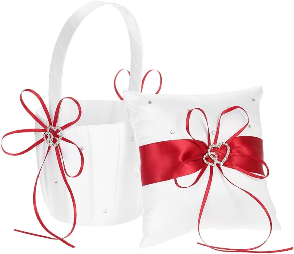 The Crafty Owl 2 Heart Rhinestones Ivory/White/Blue Trimming/Red Trimming Satin Large Wedding Ring Bearer Pillow and Basket Set (White with Red Trimming)