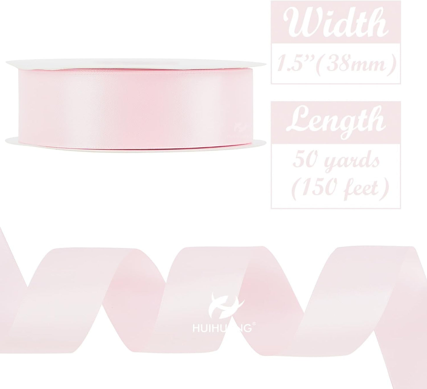 HUIHUANG Baby Pink Ribbon Satin 1-1/2" Wide Double Face Polyester Satin Ribbons for Crafts, Thick Silk Ribbon for Gift Wrapping Hair Bows Floral Bouquet Cake Box Baby Shower Decor Party-50 Yards