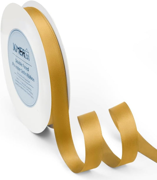 Double Faced Golden Satin Ribbon, 5/8" x 50 Yards Ribbons, Perfect for Crafts, Wedding Decor, Bow Making, Sewing, Gift Package Wrapping and More