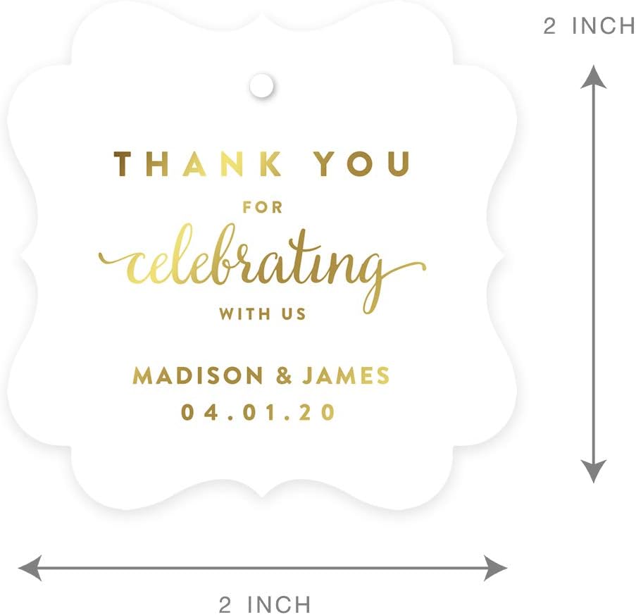 Andaz Press Personalized Fancy Frame Square Wedding Gift Tag, Metallic Gold Custom Tags, Thank You for Celebrating with US, 24-Pack, Custom Name Thank You Tag, 2x2 Personalized Gift Tags for Favors
