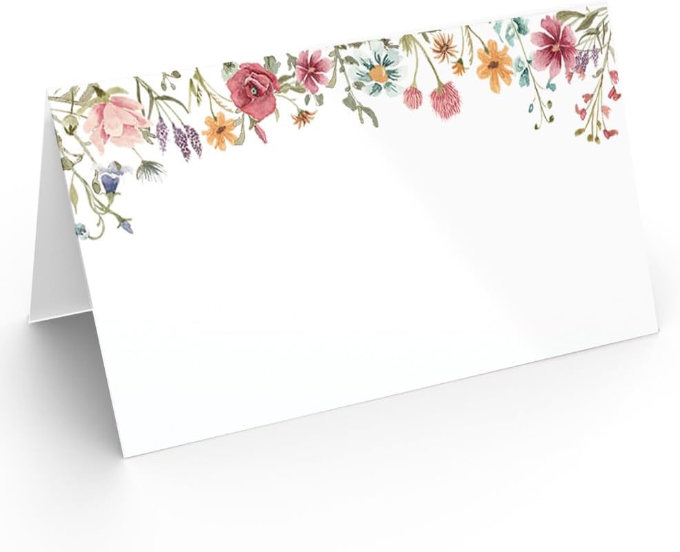 Printed Party Place Cards for Table Setting – Set of 25 Blank Name Cards – Wildflower Design for Weddings, Bridal Showers, Baby Showers, and Dinner Parties
