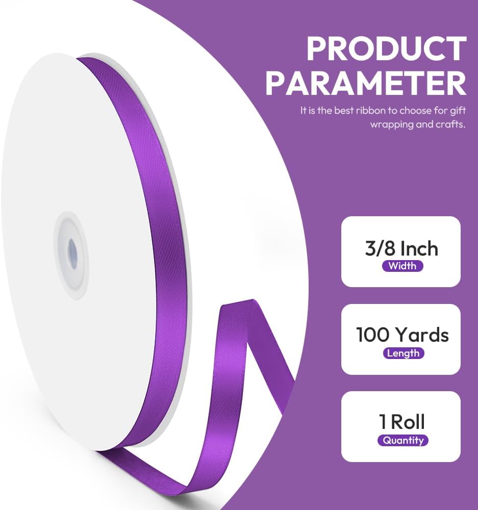 3/8" x 100 Yards Satin Ribbon - Purple Silk Ribbon with Spool - Ideal for Gift Wrapping, Floral Bouquets, Crafts, Wedding Party Decorations, Christmas and Sewing Projects