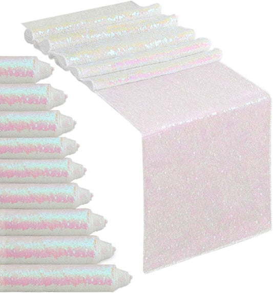 White Iridescent Sequin Table Runners 10 Pieces 12x108 Inches Glitter Table Cover for Wedding Birthday Banquet Party Table Decorations